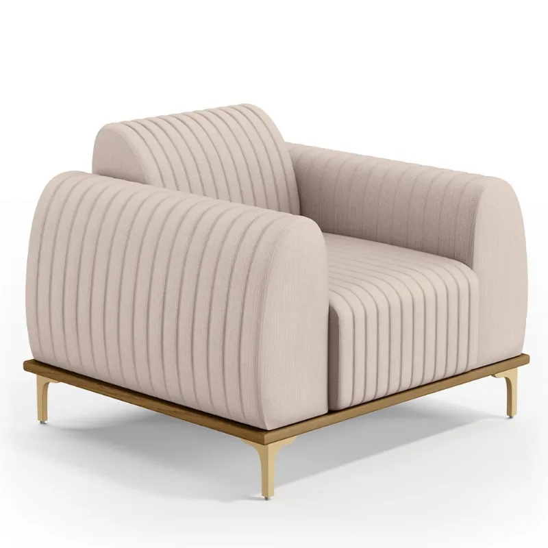 Poltrona Decorativa Base De Madeira Pés Metalizado D'Ouro Molino D02 Veludo Bege C-309 - Lyam Decor - Lyam Decor