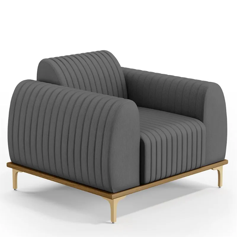 Poltrona Decorativa Base De Madeira Pés Metalizado D'Ouro Molino D02 Veludo Cinza C-317 - Lyam Decor
