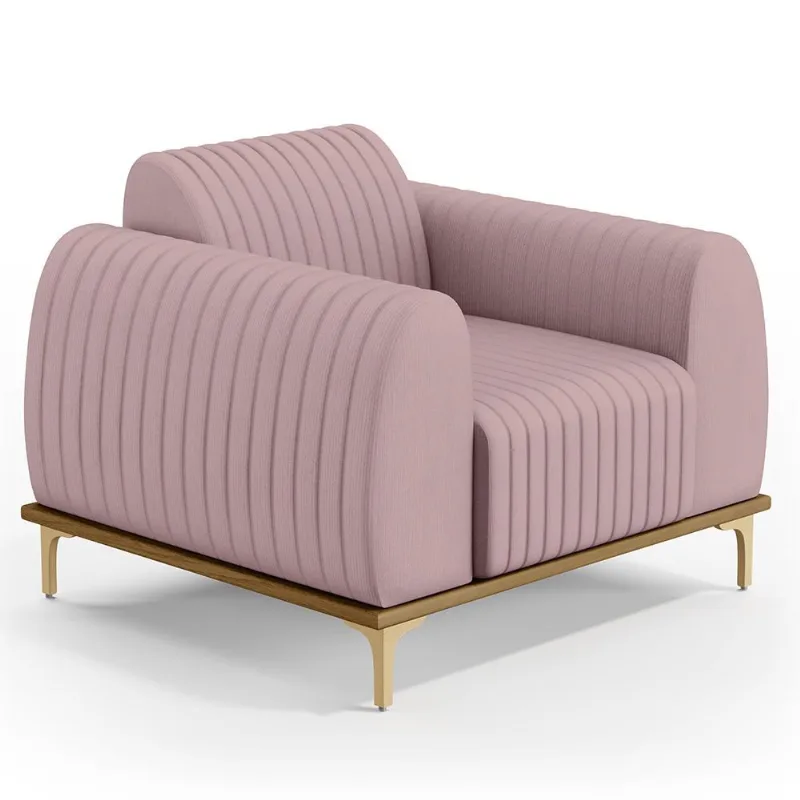 Poltrona Decorativa Base De Madeira Pés Metalizado D'Ouro Molino D02 Veludo Rosê C-305 - Lyam Decor - Lyam Decor