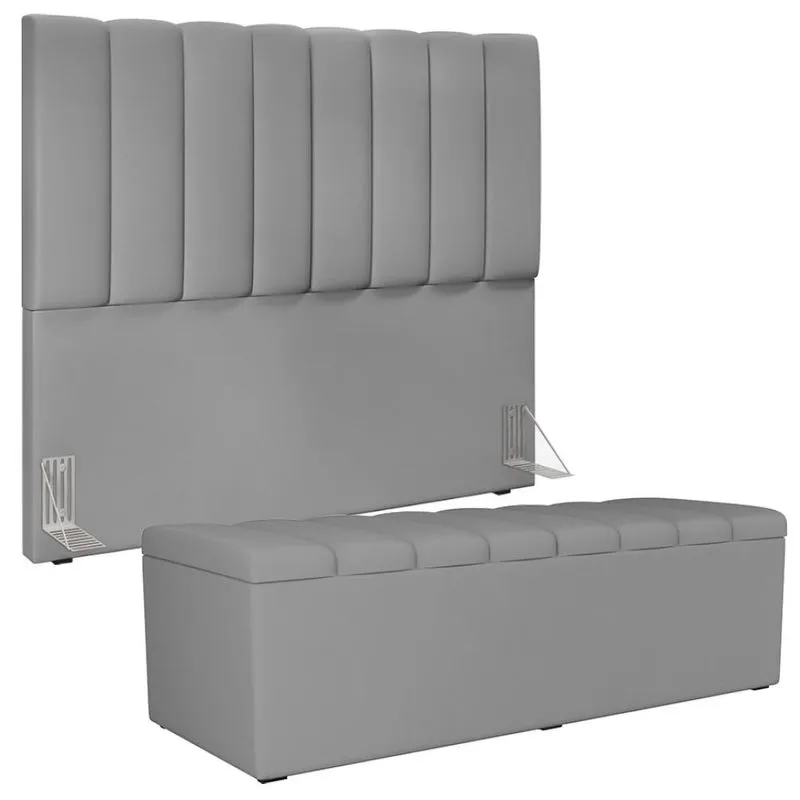 Kit Cabeceira Cama Box Casal 140cm Com Calçadeira Recamier Baú Dália W01 Facto Cinza - Lyam Decor