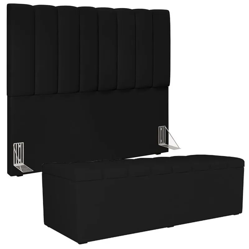 Kit Cabeceira Casal 140cm Com Calçadeira Recamier Baú Preto