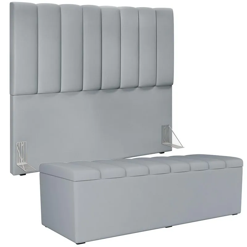 Kit Cabeceira Cama Box Casal 140cm Com Calçadeira Recamier Baú Dália W01 Suede Cinza - Lyam Decor