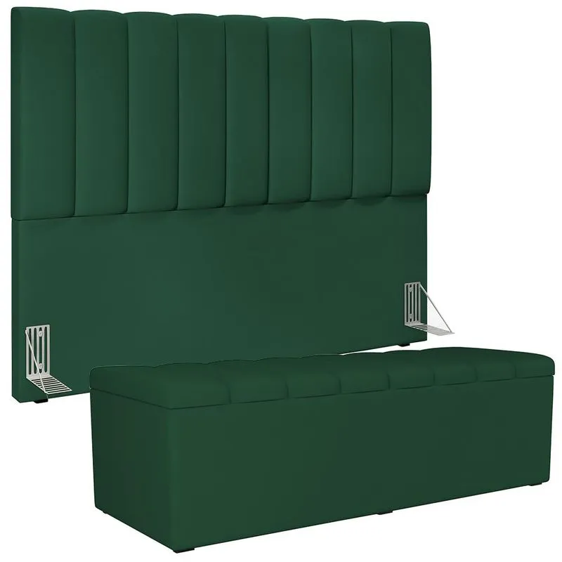 Kit Cabeceira Cama Box Casal Queen 160cm Calçadeira Baú Dália W01 Suede Verde Musgo - Lyam Decor