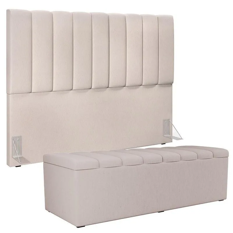 Kit Cabeceira Casal Queen 160cm Com Calçadeira Baú Cru