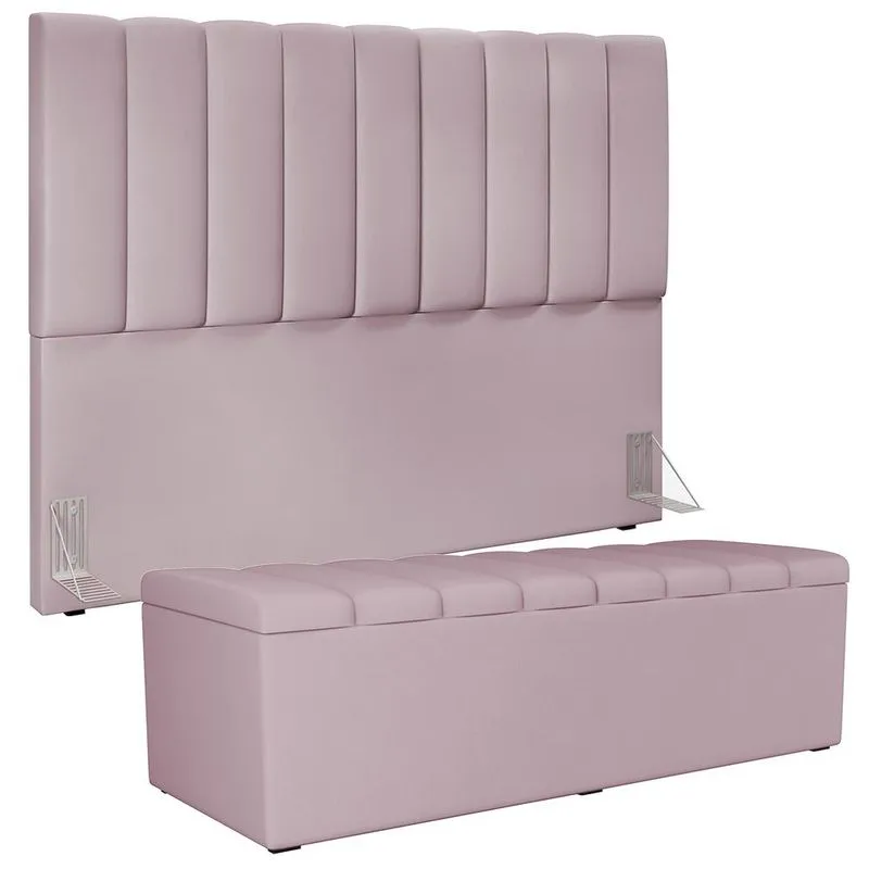 Kit Cabeceira Cama Box Casal Queen 160cm Com Calçadeira Baú Dália W01 Suede Rosê - Lyam Decor