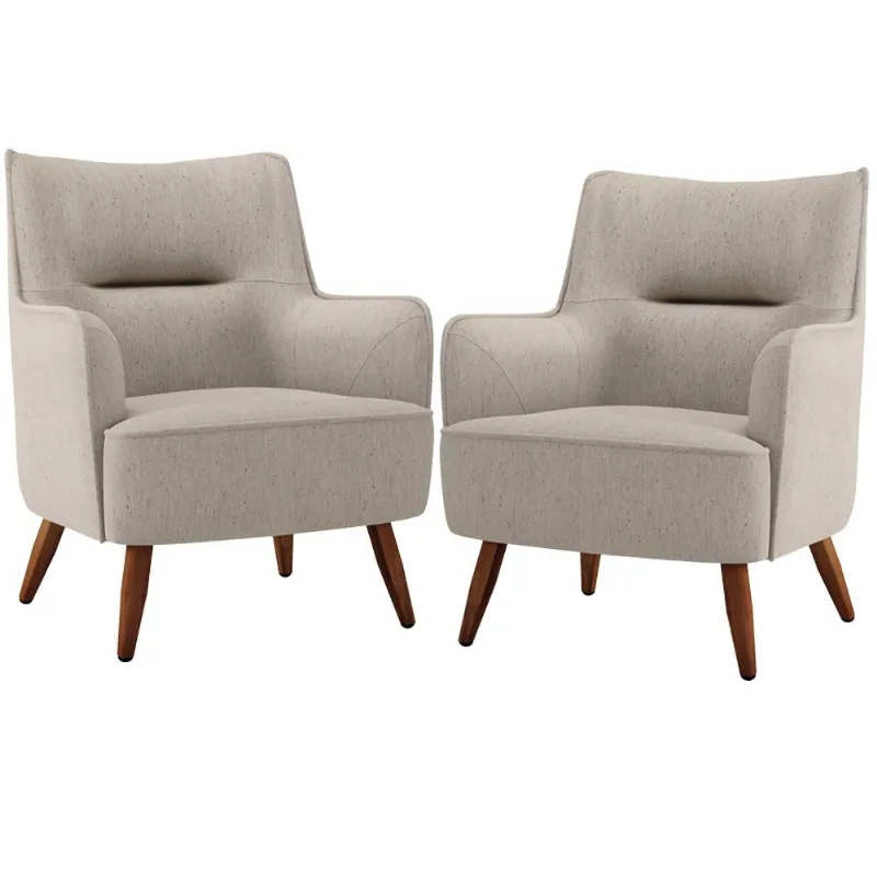 Kit 02 Poltronas Decorativa Fixa Pés de Madeira Isabella D02 Linho Bege C-107 - Lyam Decor - Lyam Decor