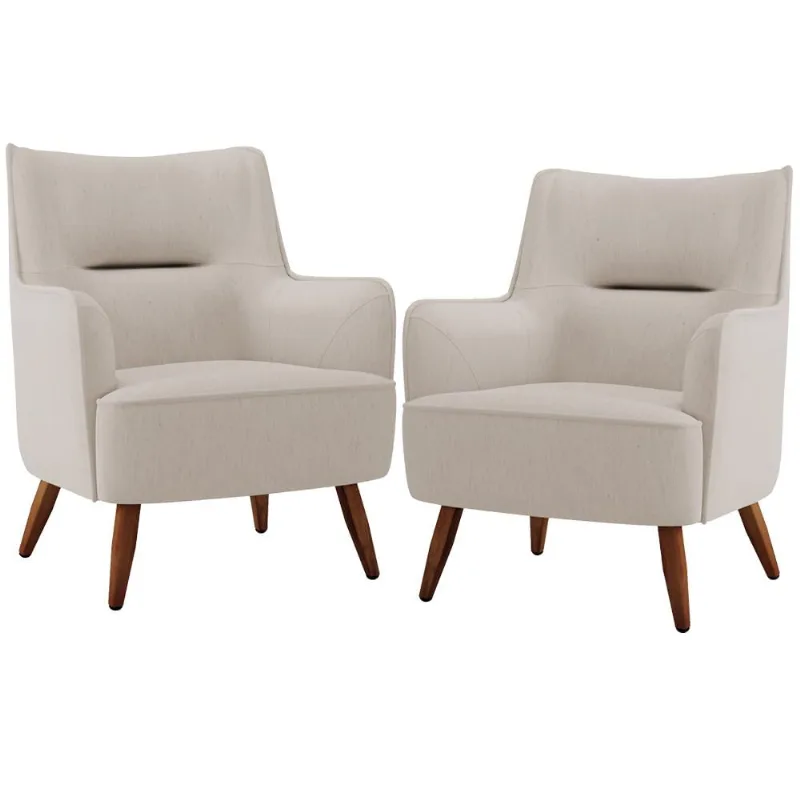Kit 02 Poltronas Decorativa Fixa Pés de Madeira Isabella D02 Linho Cru C-443 - Lyam Decor - Lyam Decor