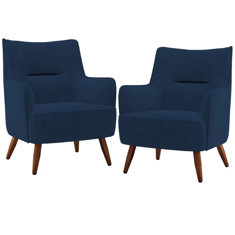 Kit 02 Poltronas Decorativa Fixa Pés de Madeira Isabella D02 Veludo Azul Marinho C-304 - Lyam Decor
