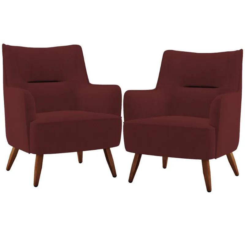 Kit 02 Poltronas Decorativa Fixa Pés de Madeira Isabella D02 Veludo Marsala C-278 - Lyam Decor