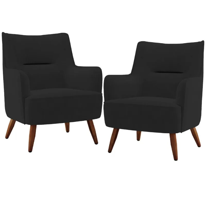 Kit 02 Poltronas Decorativa Fixa Pés de Madeira Isabella D02 Veludo Preto C-300 - Lyam Decor - Lyam Decor