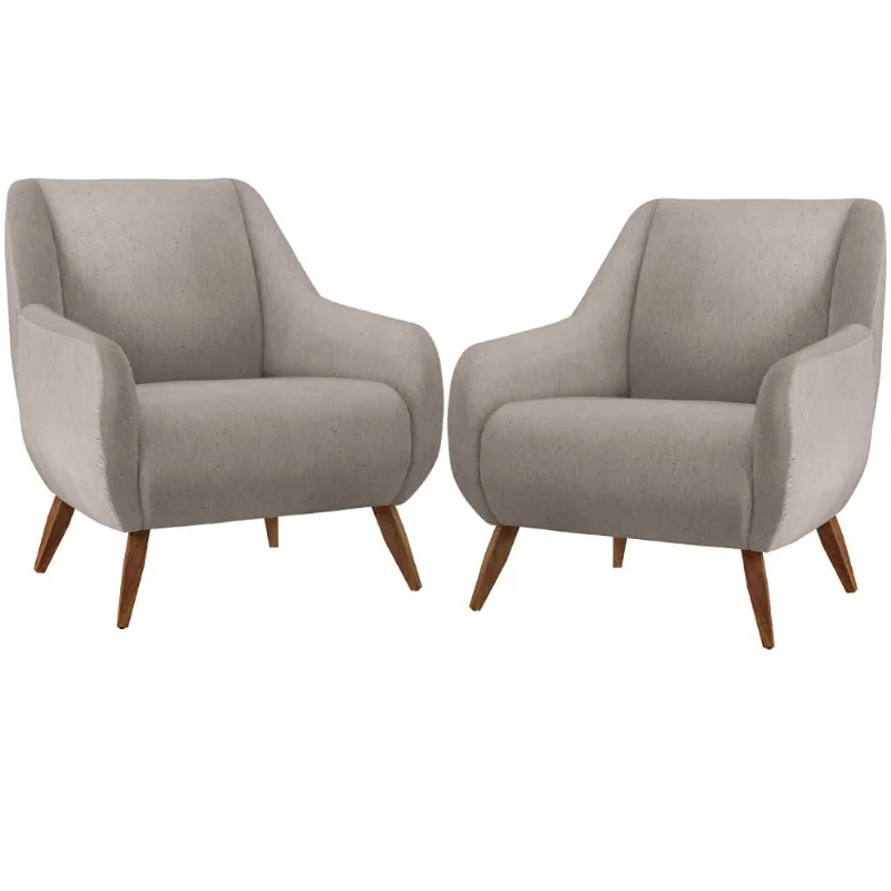 Kit 02 Poltronas Decorativa Fixa Pés de Madeira Paloma D02 Linho Bege C-107 - Lyam Decor - Lyam Decor