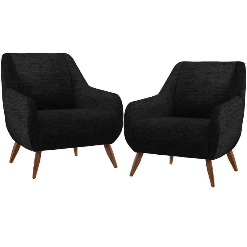 Kit 02 Poltronas Decorativa Fixa Pés de Madeira Paloma D02 Linho Chumbo D-465 - Lyam Decor - Lyam Decor