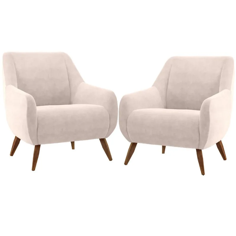 Kit 02 Poltronas Decorativa Fixa Pés de Madeira Paloma D02 Veludo Bege C-309 - Lyam Decor - Lyam Decor