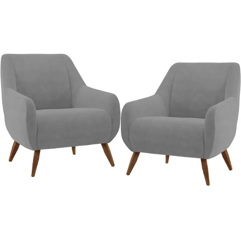Kit 02 Poltronas Decorativa Fixa Pés de Madeira Paloma D02 Veludo Cinza C-317 - Lyam Decor - Lyam Decor