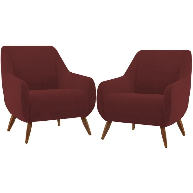 Kit 02 Poltronas Decorativa Fixa Pés de Madeira Paloma D02 Veludo Marsala C-278 - Lyam Decor - Lyam Decor