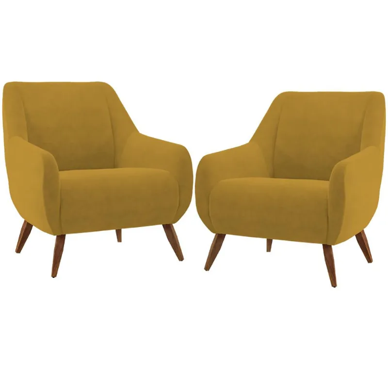 Kit 02 Poltronas Decorativa Fixa Pés de Madeira Paloma D02 Veludo Mostarda C-260 - Lyam Decor - Lyam Decor