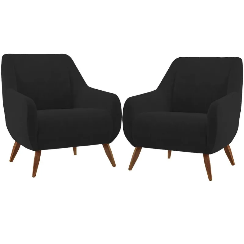 Kit 02 Poltronas Decorativa Fixa Pés de Madeira Paloma D02 Veludo Preto C-300 - Lyam Decor - Lyam Decor