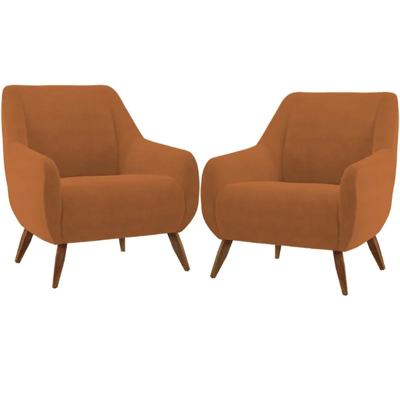 Kit 02 Poltronas Decorativa Fixa Pés de Madeira Paloma D02 Veludo Telha C-262 - Lyam Decor - Lyam Decor