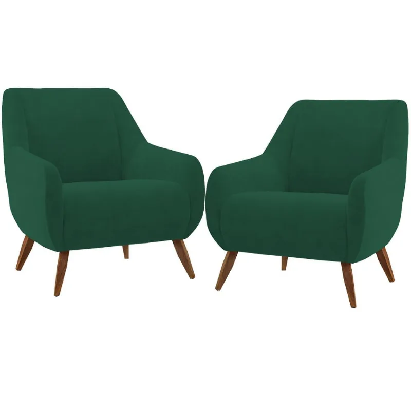 Kit 02 Poltronas Decorativa Fixa Pés de Madeira Paloma D02 Veludo Verde C-303 - Lyam Decor - Lyam Decor