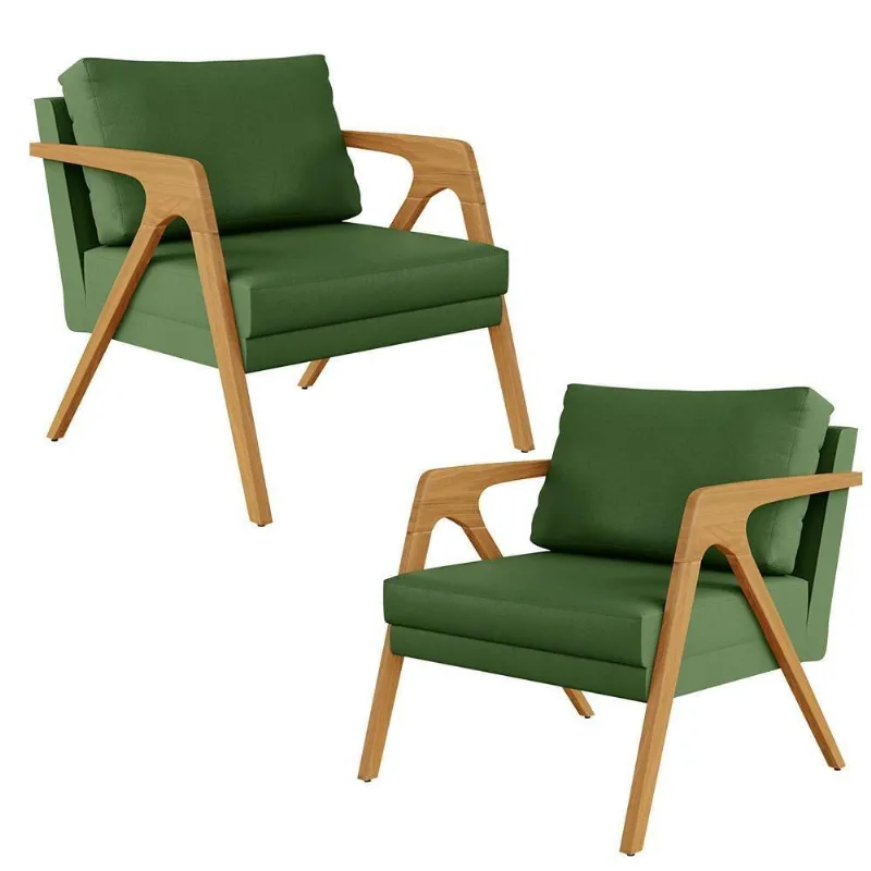 Kit 02 Poltronas Com Estrutura Madeira Verde Musgo