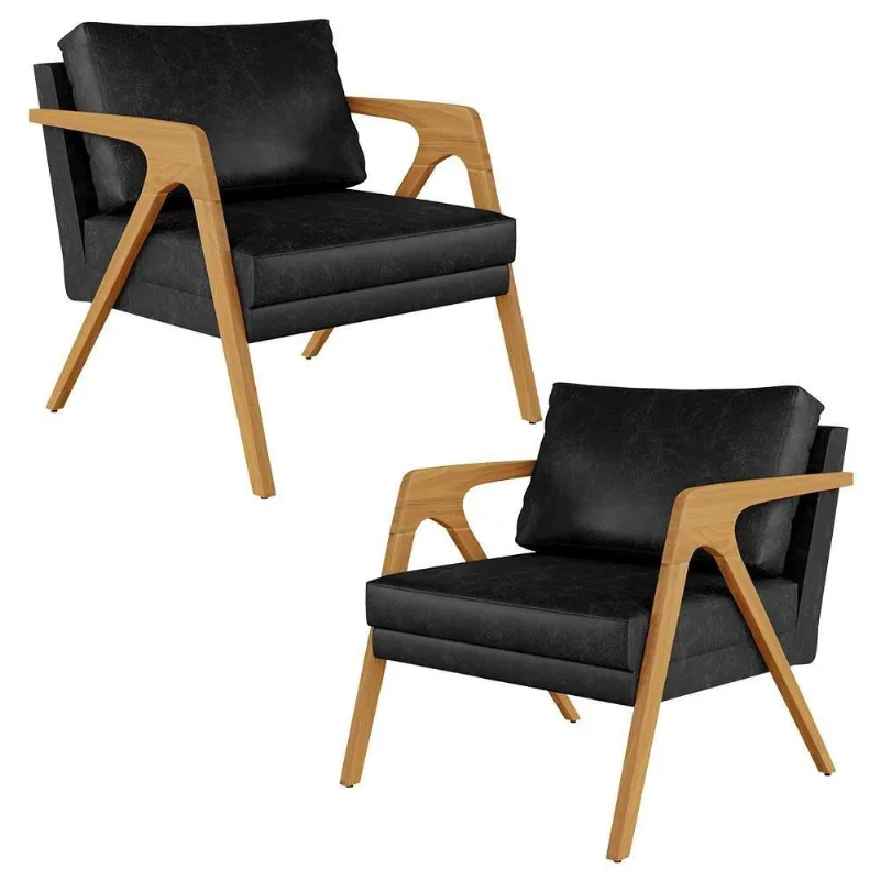 Kit 02 Poltronas Pietra Estrutura Madeira L02 Preto Brilho