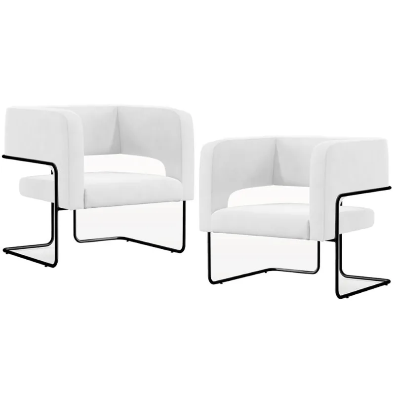 Kit 02 Poltronas Decorativas Scarlett D02 Base de Aço Preto Corano Branco C-12 - Lyam Decor - Lyam Decor