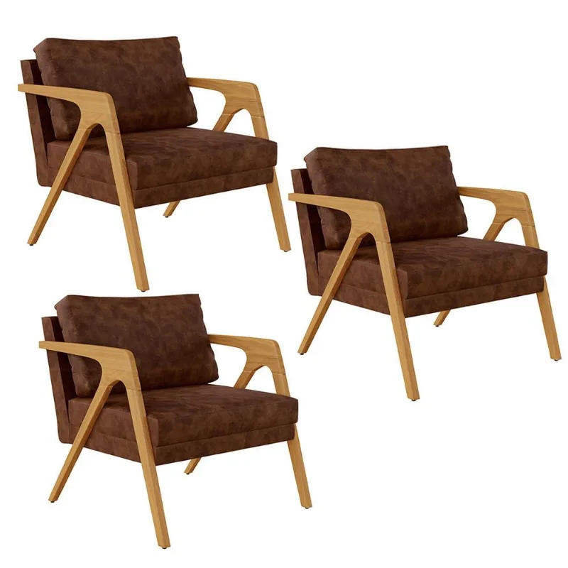 Kit 03 Poltronas Decorativa Sala Estar Pietra Com Estrutura Madeira L02 Couríssimo Marrom-Lyam Decor