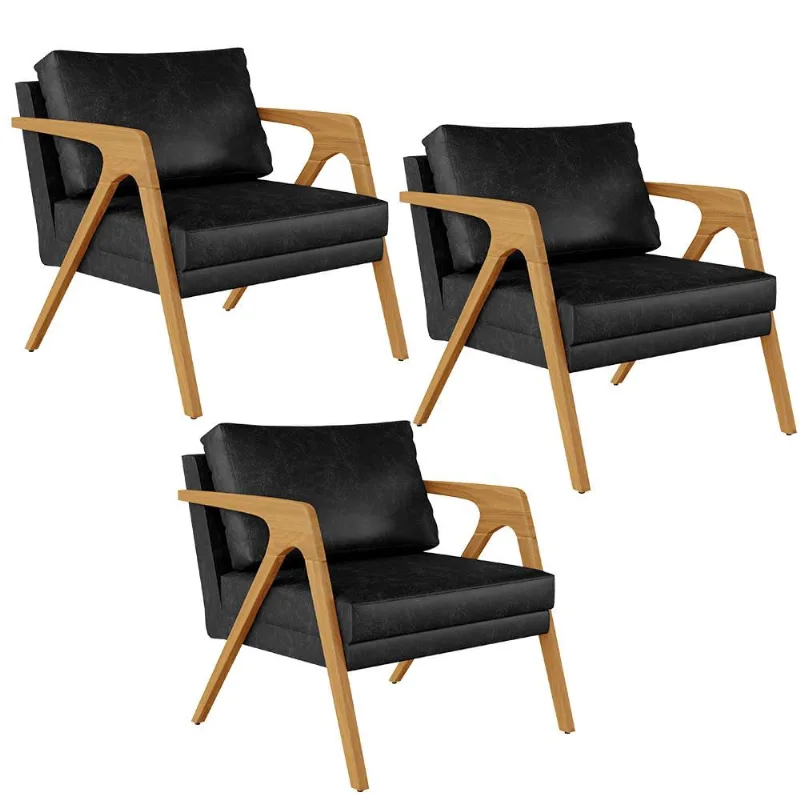 Kit 03 Poltronas Decorativa Sala Pietra Estrutura Madeira L02 Couríssimo Preto Brilho - Lyam Decor