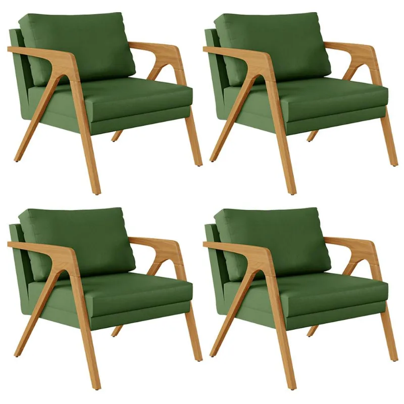 Kit 04 Poltronas Decorativa Sala Pietra Com Estrutura Madeira L02 Facto Verde Musgo - Lyam Decor