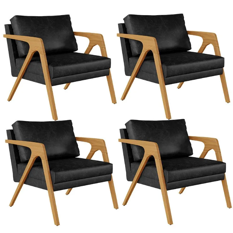 Kit 04 Poltronas Decorativa Sala Pietra Estrutura Madeira L02 Couríssimo Preto Brilho - Lyam Decor