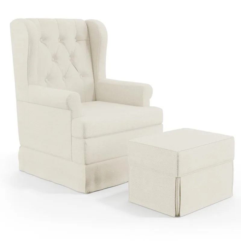 Poltrona de Amamentação com Balanço e Puff Helena P02 Capitonê Linho Champagne - Lyam Decor