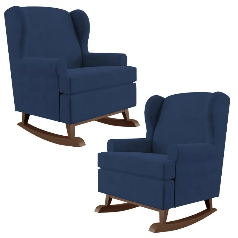Kit 02 Poltronas De Amamentação Com Balanço Malu Base De Madeira P02 Suede Azul Marinho - Lyam Decor