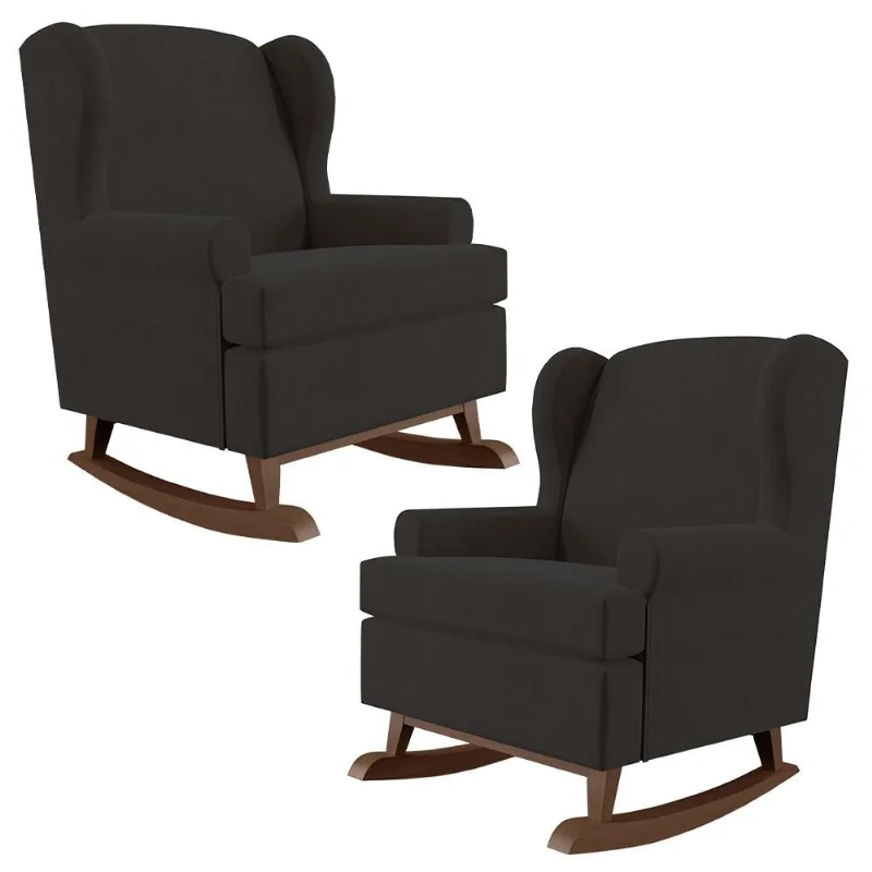 Kit 02 Poltronas De Amamentação Com Balanço Malu Base De Madeira P02 Suede Preto - Lyam Decor