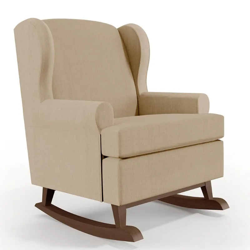 Poltrona De Amamentação Com Balanço Malu Base De Madeira P02 Linho Bege Escuro - Lyam Decor