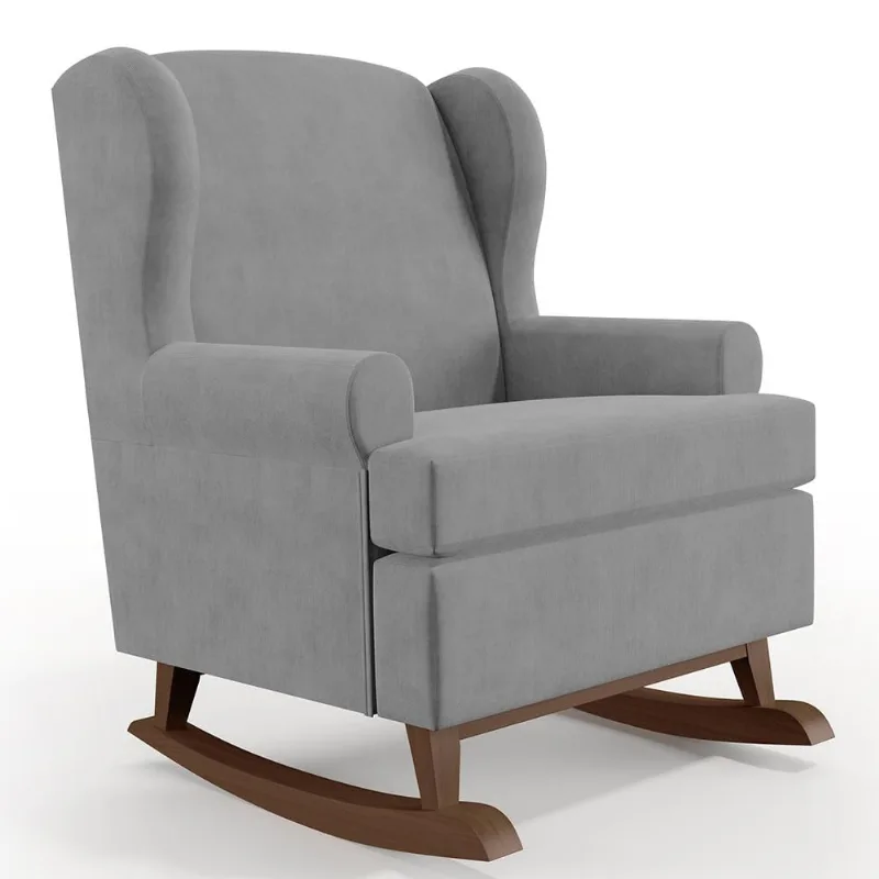Poltrona De Amamentação Com Balanço Malu Base De Madeira P02 Suede Cinza - Lyam Decor