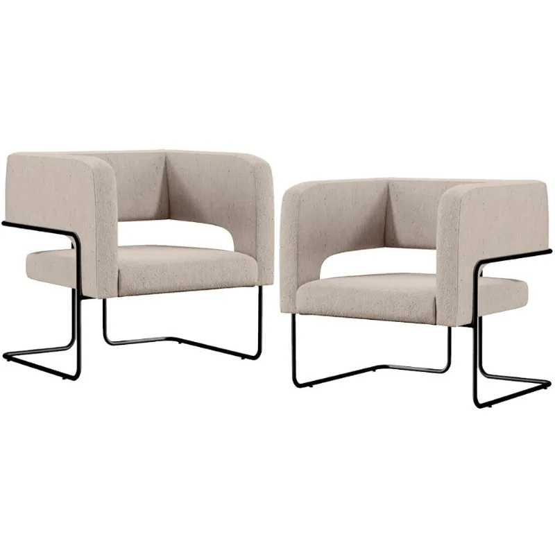 Kit 02 Poltronas Decorativas Scarlett D02 Base de Aço Preto Linho Bege C-107 - Lyam Decor - Lyam Decor