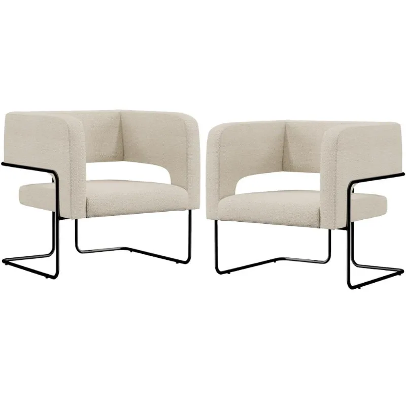 Kit 02 Poltronas Decorativas Scarlett D02 Base de Aço Preto Linho Champagne A-49 - Lyam Decor - Lyam Decor