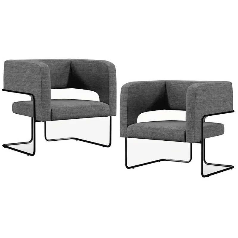 Kit 02 Poltronas Decorativas Scarlett D02 Base de Aço Preto Linho Cinza Escuro C-416 - Lyam Decor - Lyam Decor