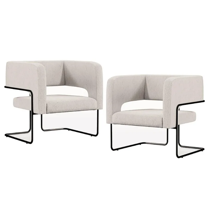Kit 02 Poltronas Decorativas Scarlett D02 Base de Aço Preto Linho Cru C-443 - Lyam Decor - Lyam Decor