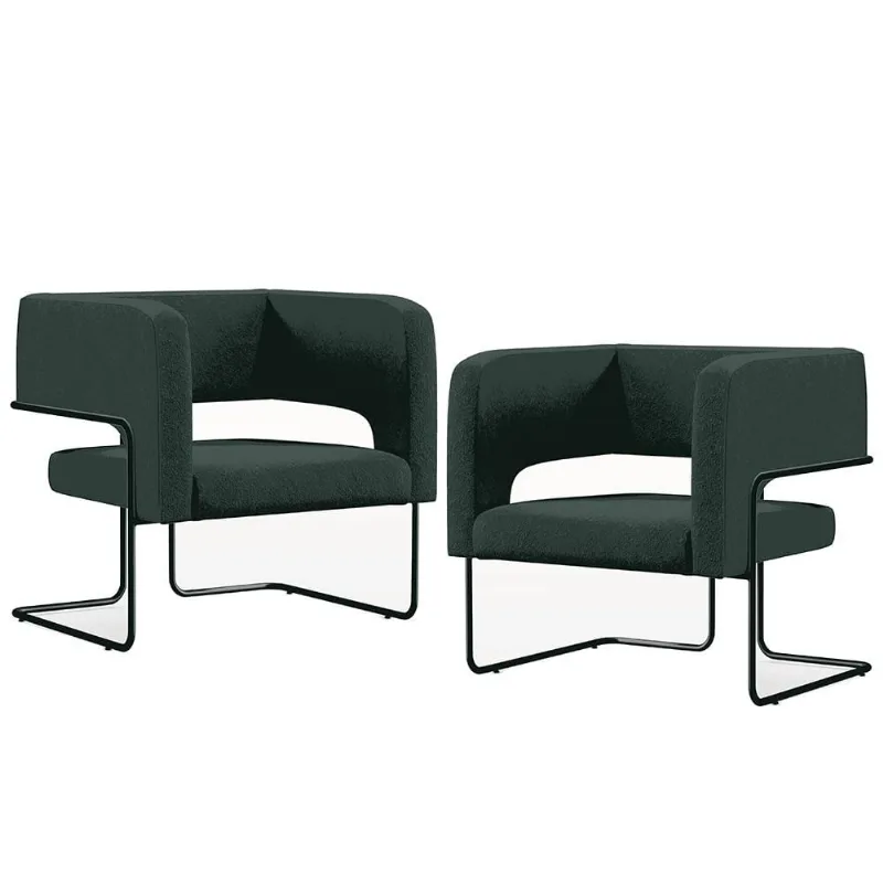 Kit 02 Poltronas Decorativas Scarlett D02 Base de Aço Preto Linho Verde C-117 - Lyam Decor - Lyam Decor