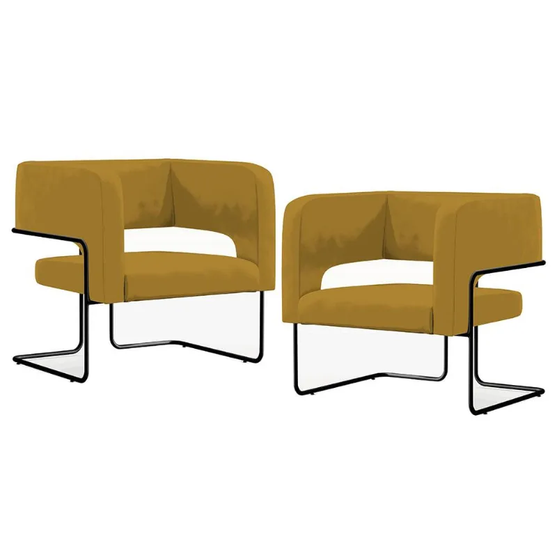Kit 02 Poltronas Decorativas Scarlett D02 Base de Aço Preto Veludo Mostarda C-260 - Lyam Decor - Lyam Decor