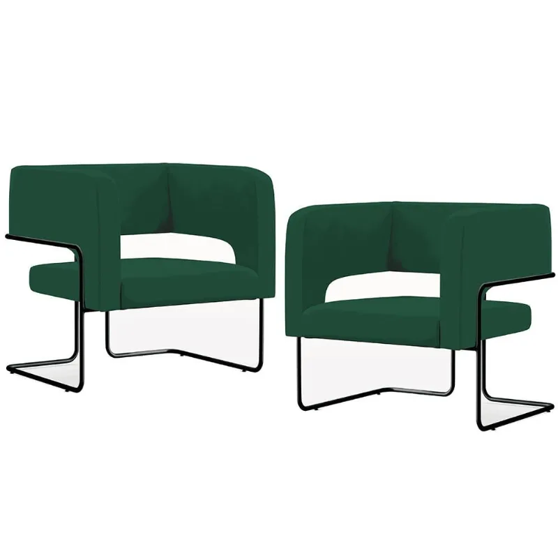 Kit 02 Poltronas Decorativas Scarlett D02 Base de Aço Preto Veludo Verde C-303 - Lyam Decor - Lyam Decor