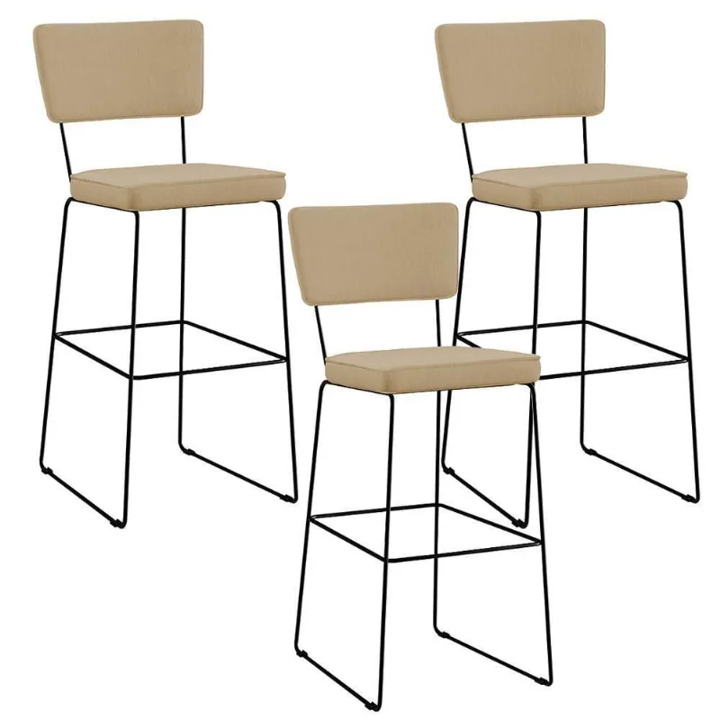 Kit 03 Banquetas Linho Bege Escuro - Lyam Decor