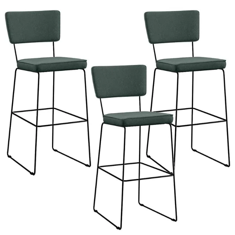 Kit 03 Banquetas Alta Linho Verde Musgo - Lyam Decor