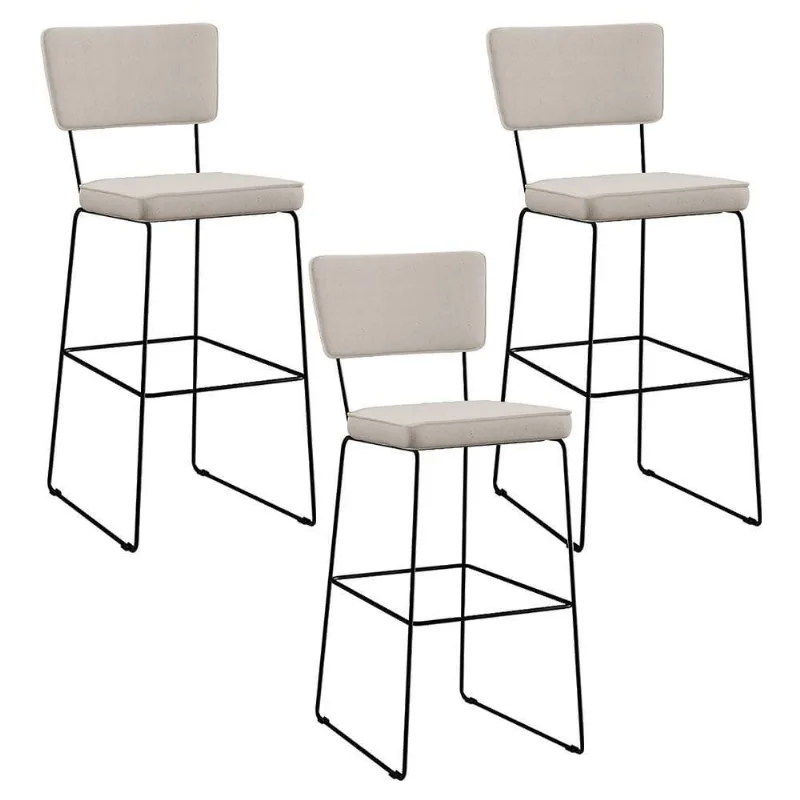 Kit 03 Banquetas Alta Base Em Aço Fixa Linho Cru - Lyam Decor