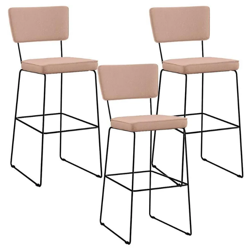 Kit 3 Banquetas Alta Base Em Aço Fixa Linho Rosê - Lyam Decor