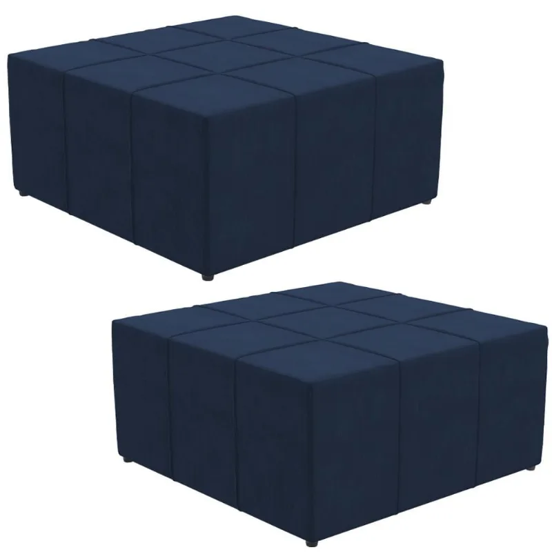 Kit 02 Puffs Decorativo Para Sala de Estar Quadrado Milano 90x90 W01 Suede Azul Marinho - Lyam Decor