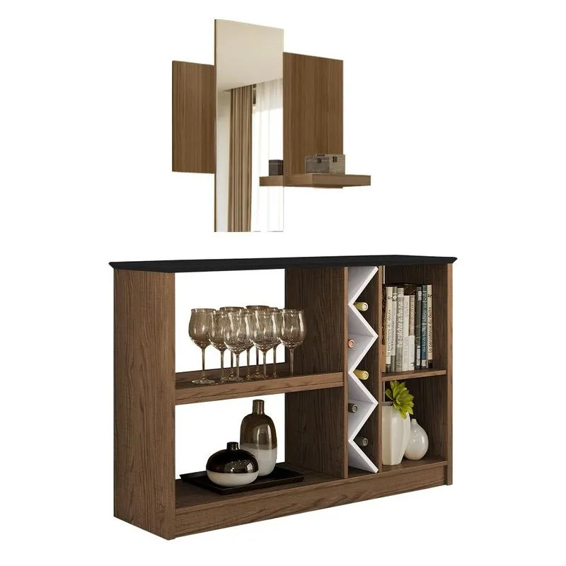 Kit Aparador Buffet Para Sala Estar e Espelho Decorativo 91cm Atlanta N01 Imbuia Preto - Lyam Decor