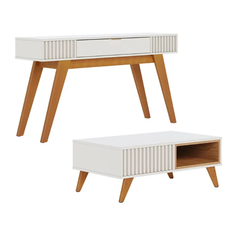 Kit Aparador Para Sala De Estar Com Mesa De Centro Delta 01 Gaveta C04 Freijó Off White - Lyam Decor - Lyam Decor