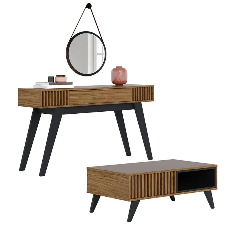Kit Aparador Sala Estar Com Mesa De Centro Delta e Espelho Adnet C04 Preto Noce Milano - Lyam Decor